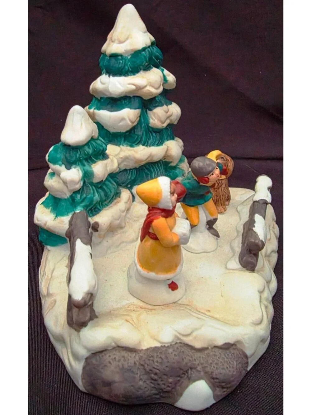 Christmas Village Dog Boy Girl playing by Trees winter snow scene figure Franks
